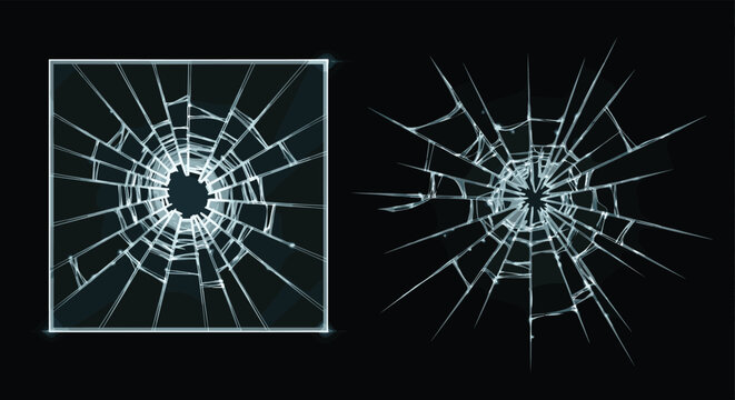 Two examples of broken glass textures with realistic cracks spiderweb patterns and impact holes for safety or damage themed graphics.