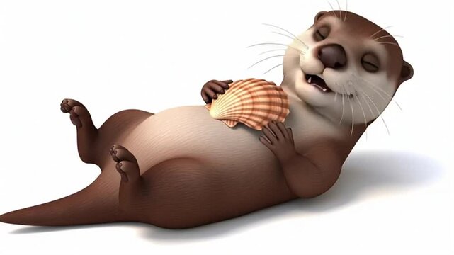 cute sea otter floating on back holding seashell in sunlight with paws closeup