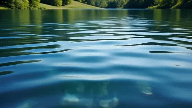 Serene Lake Surface Ripples with Green Trees and Hills in Background