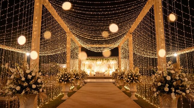 Luxurious outdoor wedding aisle illuminated by warm string lights and elegant floral decor