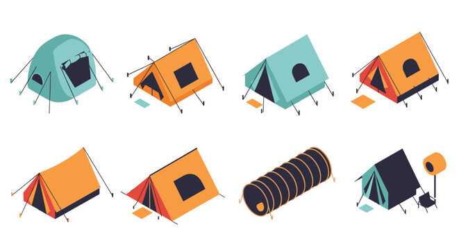 Large collection of various isometric camping tents in different colors and shapes including orange and teal for outdoor hiking adventures.