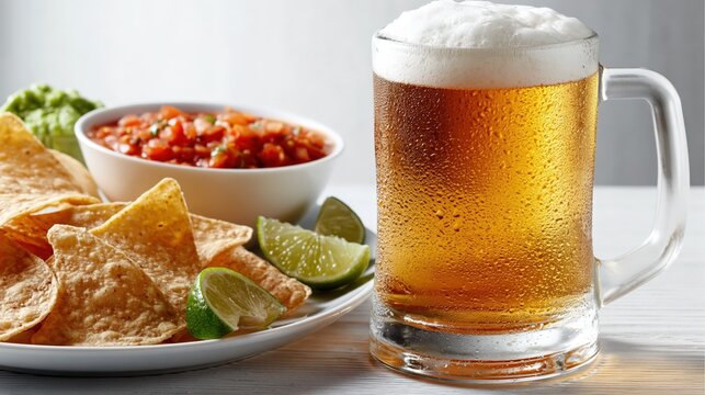 mug of beer and Tortilla chips and salsa