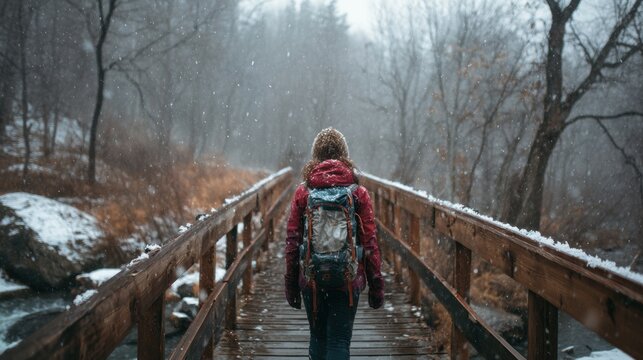 Explore adventure outdoor in National Park. A woman in a red jacket and backpack walking across a wooden bridge in a snowy forest. The bridge is surrounded by trees, rocks, and a body of water.
