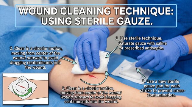 Wound cleaning technique using sterile gauze, antiseptic, and gloves, showing step by step instructions for cleaning wound in circular motion from center outward to prevent infection