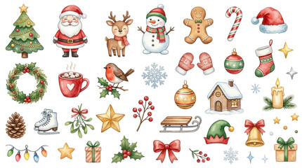 Fototapeta premium Watercolor Christmas clipart set with Santa, snowman, reindeer, tree and festive elements isolated on white or transparent background