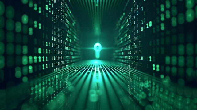 Glowing green digital keyhole surrounded by binary code matrix tunnel representing cybersecurity and internet privacy protection