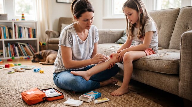Mother caring for injured child at home, applying first aid to scraped knee with gentle expression, sitting on living room floor, first aid kit and supplies visible, cozy family atmosphere