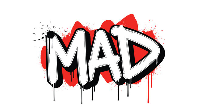 Street graffiti art featuring the word MAD written in bold white letters with black outlines and red spray paint splatters in the background.