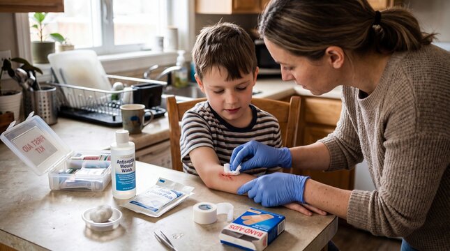 Mother cleaning young boy scraped arm with antiseptic wipe in kitchen, surrounded by first aid supplies, showing care and concern after minor injury, natural daylight
