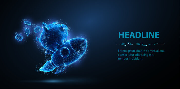 Glowing blue rocket orbiting planet with digital particles on dark background. Space travel, startup launch, exploration, innovation, technology, astronomy concept. Vector illustration