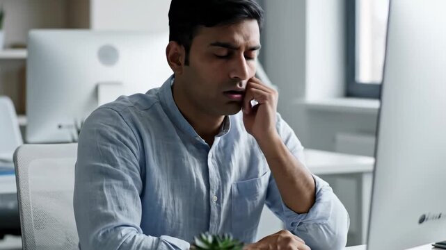 Man Experiencing Eye Strain and Fatigue While Working On Computer In The Office