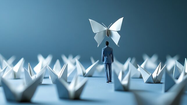 A person standing among paper origami cranes with a butterfly hovering above