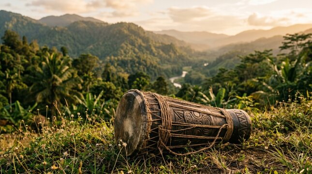 Tifa drum in Papua nature during golden hour. Ideal for tourism, cultural travel, and Indonesia destination promotion.
