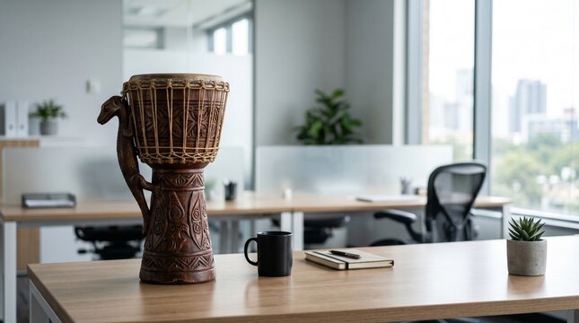 Traditional Papua drum in modern workspace. Ideal for corporate diversity, cultural branding, and global identity visuals.