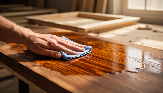 Close up of professional carpenter hands using a blue cloth to wipe and polish a high gloss dark wood table surface in a bright workshop during furniture restoration and finishing process
