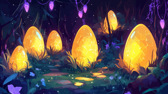 Digital painting of glowing orbs in a mystical forest at night, with fairy lights