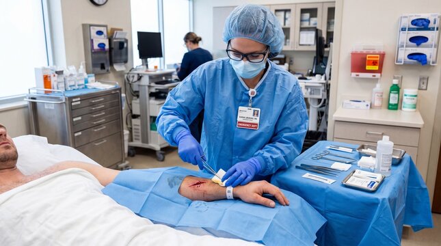 Medical professional in blue scrubs and mask cleaning wound on patient arm in sterile hospital environment, using surgical tools and maintaining hygiene, focused and careful