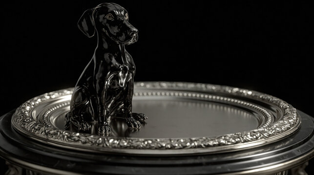 Black ceramic dog sculpture barely visible on grand baroque silver platter in deep shadow
