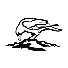 Obraz premium Crow pecking at the ground vector illustration. Raven silhouette in nature. Minimalist bird behavior graphic