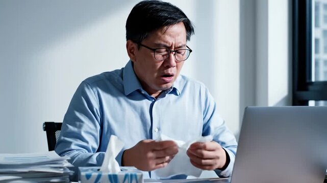 Man Sneezes While Working On Laptop, Shows Cold Symptoms, Health and Work Life Balance