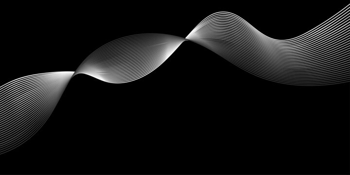 A silver metal fork and spoon curve through a black and white abstract wave background with liquid smoke and light for a kitchen utensil design