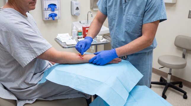 Medical professional wearing blue gloves and scrubs treats patient arm wound in sterile clinical environment, using antiseptic and maintaining clean, calm atmosphere for minor procedure