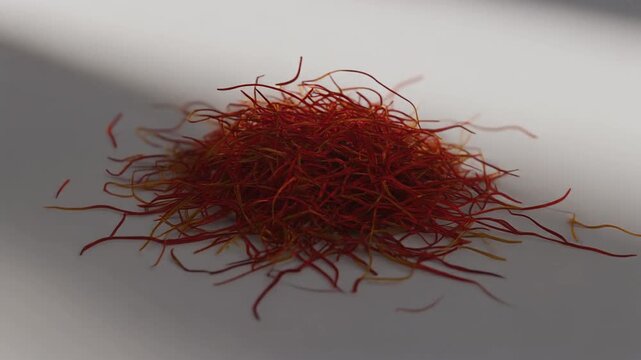 Close-up of vibrant red and yellow saffron threads piled on a white surface, studio shot
