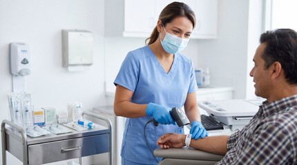 Obraz premium Nurse scanning patient wristband in modern hospital room, healthcare worker wearing mask and gloves, medical equipment on cart, patient sitting calmly, professional care
