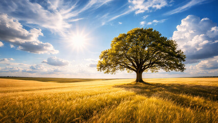 Fototapeta premium solitary oak tree in golden field under bright sky