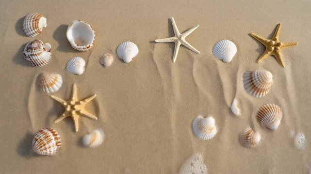 Arranged Seashells and Starfish on Wet Sandy Beach with Gentle Wave Foam