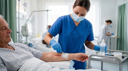 Fototapeta premium Nurse hospital patient wound care elderly medical treatment healthcare bandage professional uniform Nurse providing wound care to elderly patient hospital bed applying bandage with professional