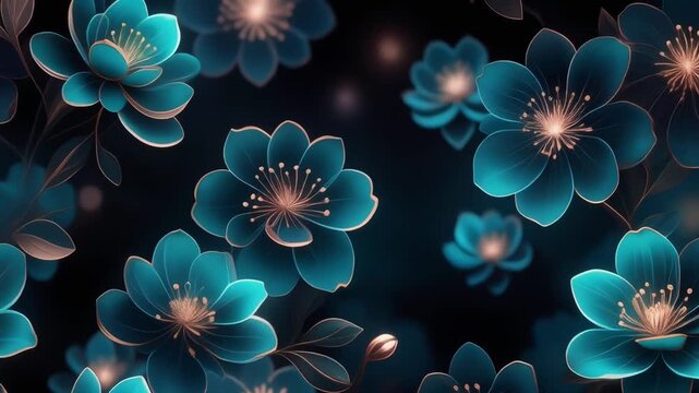 Ethereal Glowing Blue Flowers Pattern Illustration with Shimmering Golden Petals on Dark Background