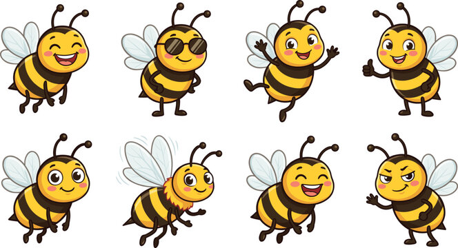 Set of cute cartoon bee characters with different emotions and poses colorful vector illustration isolated for kids design