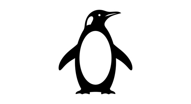 Minimalist vector illustration of an emperor penguin showing a clean black and white silhouette design perfect for modern graphic branding projects or professional creative icon assets