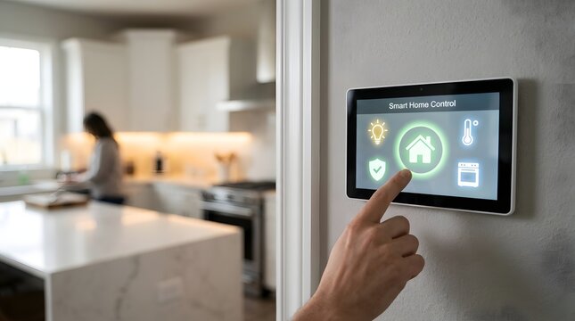 Smart home control panel on wall with person adjusting settings, modern house automation interface showing security climate management, connected living technology in contemporary interior