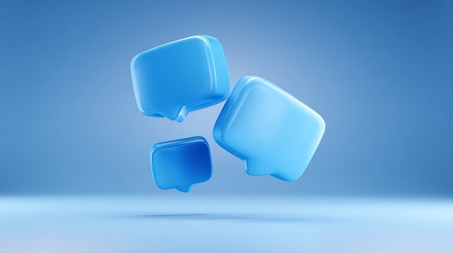 Three glossy blue speech bubbles floating in a bright blue studio space with soft light