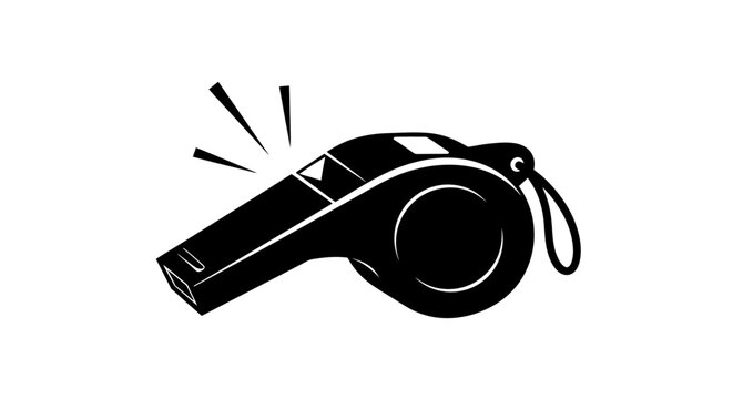Black and white vector graphic illustration featuring a sports whistle blowing loudly to signal a referee game stop or coaching instruction during a professional athletic match