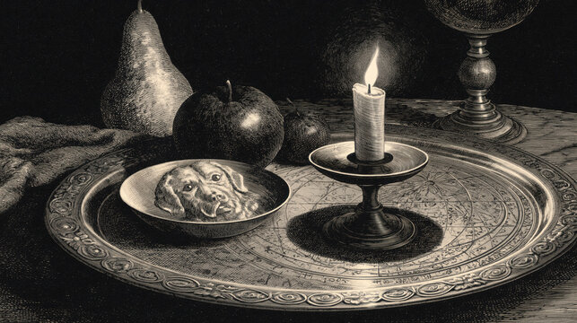 Silver platter etching with dog portrait candle and fruit ideal for historic vanitas art