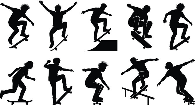 Skateboarder silhouettes performing tricks and jumps dynamic vector illustration set for extreme sports design and urban culture