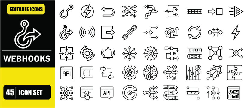 Webhooks Icon Set &ndash; Event Driven Systems, API Callbacks, Real Time Data Transfer, Automation Triggers and Integration Workflow Line Icons &ndash; Thin Line Editable Stroke Vector Illustration for UI UX, Web