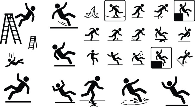 Slip and fall hazard warning icons set with accident scenarios ladder fall wet floor and safety risk symbols
