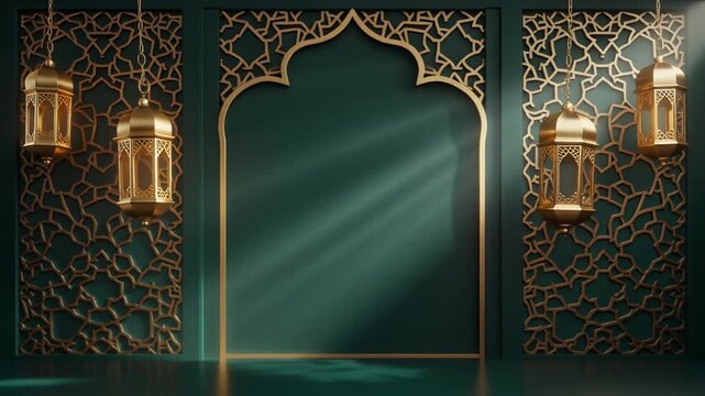 Islamic Decorative Background with Hanging Lanterns and Geometric Patterns
