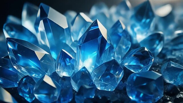 Intricate Close-up of Luminous Blue Crystal Formations Gleaming in a Dark, Abstract Setting