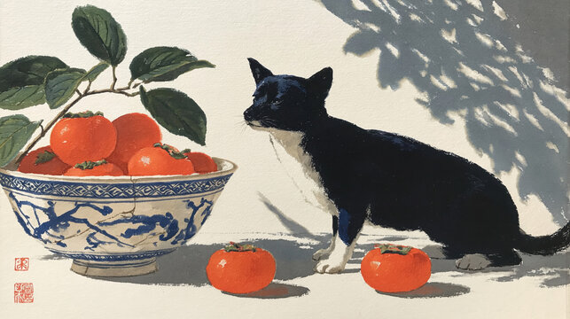 Ink wash black dog beside blue porcelain bowl and orange persimmons in Japanese still art