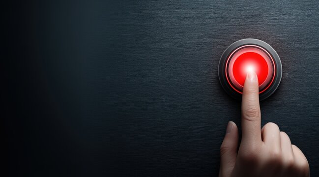 Index finger pushing glowing red button on dark textured background