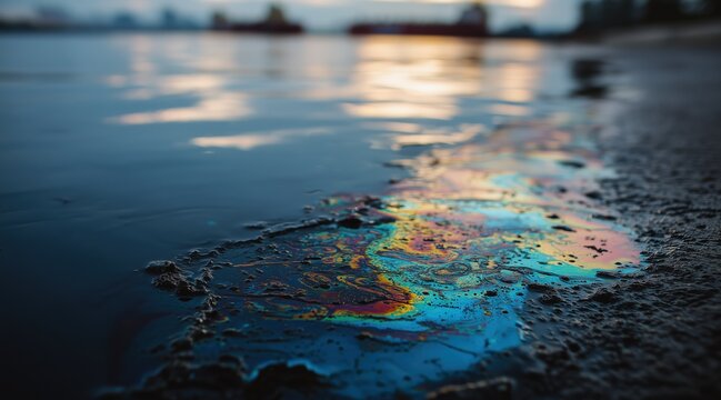 Iridescent oil spill on water surface at shoreline