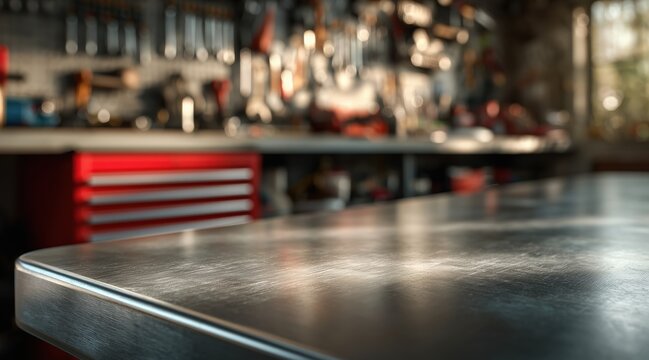 Metal workbench surface in blurred workshop with tools and red chest