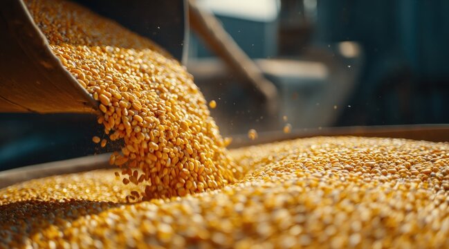 Yellow corn kernels pouring from chute during harvest