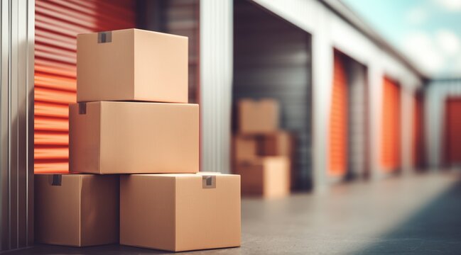 Cardboard boxes stacked outside storage facility units