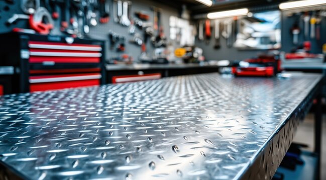 Metal diamond plate workbench in workshop with tools in background